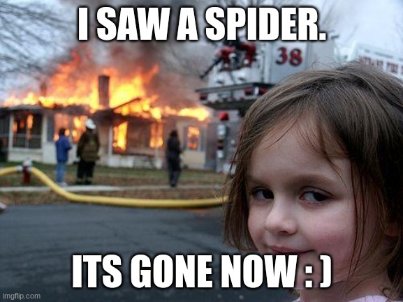 fire | I SAW A SPIDER. ITS GONE NOW : ) | image tagged in memes,disaster girl | made w/ Imgflip meme maker