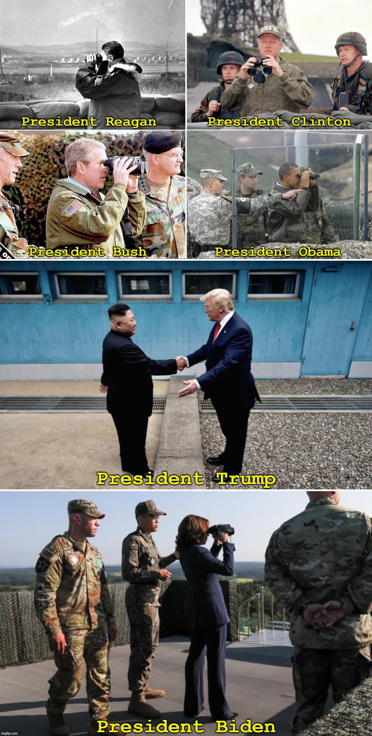 Presidents at DMZ | image tagged in united states,presidents,dmz,trump,biden,obama | made w/ Imgflip meme maker