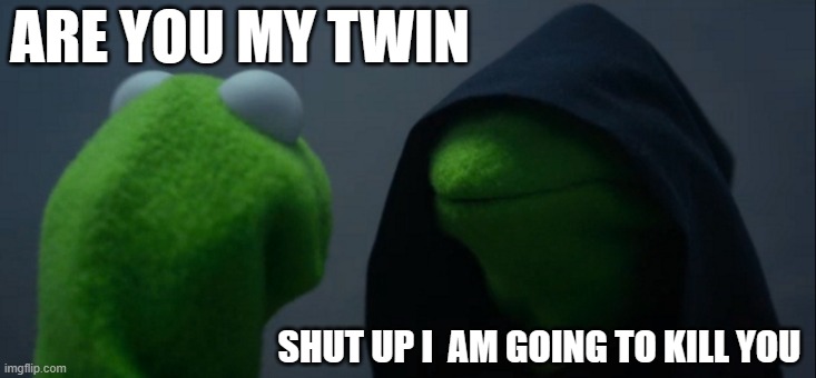 Evil Kermit | ARE YOU MY TWIN; SHUT UP I  AM GOING TO KILL YOU | image tagged in memes,evil kermit | made w/ Imgflip meme maker
