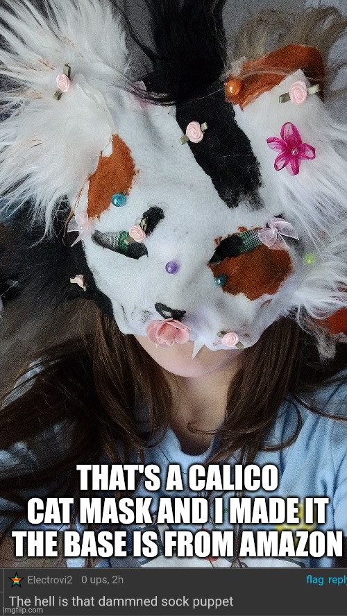 How tf does it look like- | THAT'S A CALICO CAT MASK AND I MADE IT THE BASE IS FROM AMAZON | image tagged in furry,mask,cat | made w/ Imgflip meme maker