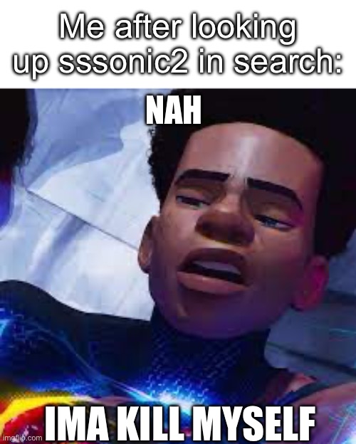 Miles Spiderman | Me after looking up sssonic2 in search:; NAH; IMA KILL MYSELF | image tagged in miles spiderman | made w/ Imgflip meme maker