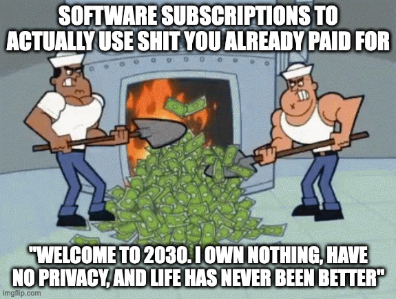 money fire | SOFTWARE SUBSCRIPTIONS TO ACTUALLY USE SHIT YOU ALREADY PAID FOR; "WELCOME TO 2030. I OWN NOTHING, HAVE NO PRIVACY, AND LIFE HAS NEVER BEEN BETTER" | image tagged in money fire | made w/ Imgflip meme maker