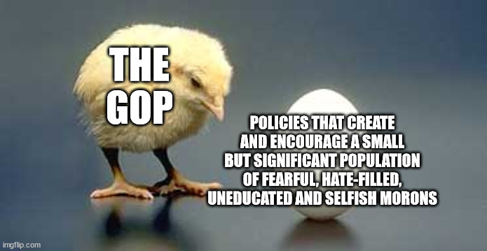Chicken and Egg | THE GOP; POLICIES THAT CREATE AND ENCOURAGE A SMALL BUT SIGNIFICANT POPULATION OF FEARFUL, HATE-FILLED, UNEDUCATED AND SELFISH MORONS | image tagged in chicken and egg | made w/ Imgflip meme maker