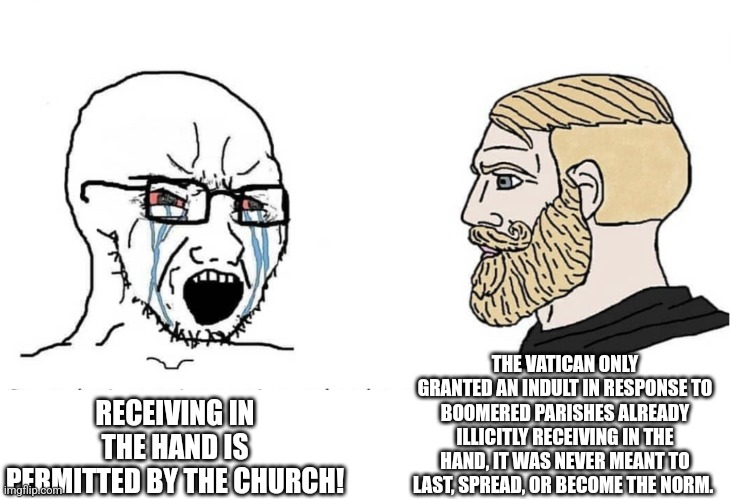 Soyboy Vs Yes Chad | THE VATICAN ONLY GRANTED AN INDULT IN RESPONSE TO BOOMERED PARISHES ALREADY ILLICITLY RECEIVING IN THE HAND, IT WAS NEVER MEANT TO LAST, SPREAD, OR BECOME THE NORM. RECEIVING IN THE HAND IS PERMITTED BY THE CHURCH! | image tagged in soyboy vs yes chad | made w/ Imgflip meme maker