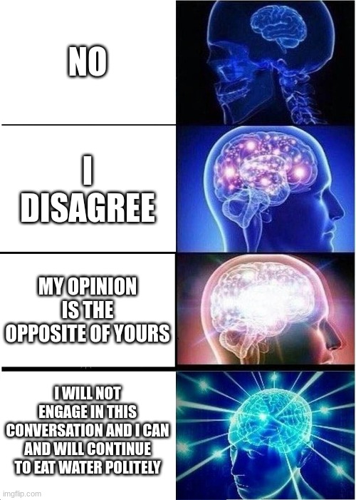 Expanding Brain Meme | NO; I DISAGREE; MY OPINION IS THE OPPOSITE OF YOURS; I WILL NOT ENGAGE IN THIS CONVERSATION AND I CAN AND WILL CONTINUE TO EAT WATER POLITELY | image tagged in memes,expanding brain | made w/ Imgflip meme maker