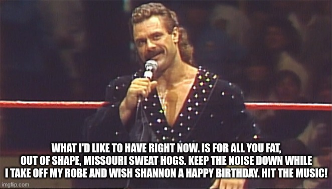 Happy Birthday from Rick Rude | WHAT I'D LIKE TO HAVE RIGHT NOW. IS FOR ALL YOU FAT, OUT OF SHAPE, MISSOURI SWEAT HOGS. KEEP THE NOISE DOWN WHILE I TAKE OFF MY ROBE AND WISH SHANNON A HAPPY BIRTHDAY. HIT THE MUSIC! | image tagged in rick rude,happy birthday,shannon | made w/ Imgflip meme maker
