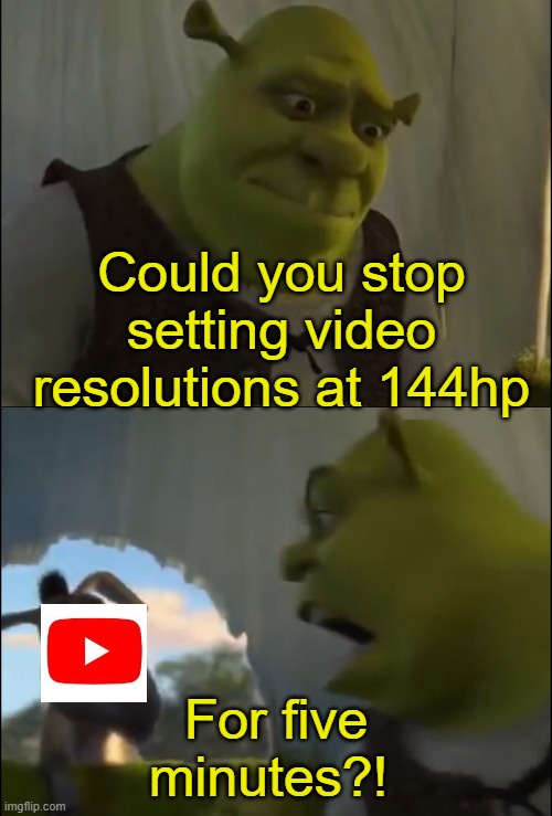 Meme of the day | Could you stop setting video resolutions at 144hp; For five minutes?! | image tagged in shrek yelling at donkey | made w/ Imgflip meme maker
