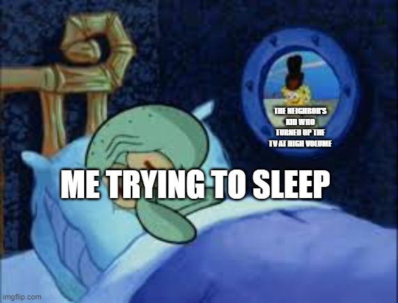 so annoying | THE NEIGHBOR'S KID WHO TURNED UP THE TV AT HIGH VOLUME; ME TRYING TO SLEEP | image tagged in squidward can't sleep with the spoons rattling | made w/ Imgflip meme maker