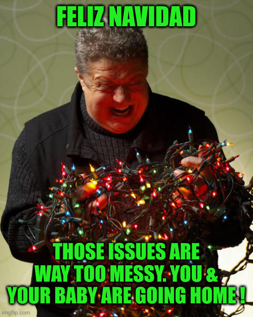 Ho Ho Ho | FELIZ NAVIDAD THOSE ISSUES ARE WAY TOO MESSY. YOU & YOUR BABY ARE GOING HOME ! | image tagged in tangled christmas lights,funny memes,memes | made w/ Imgflip meme maker