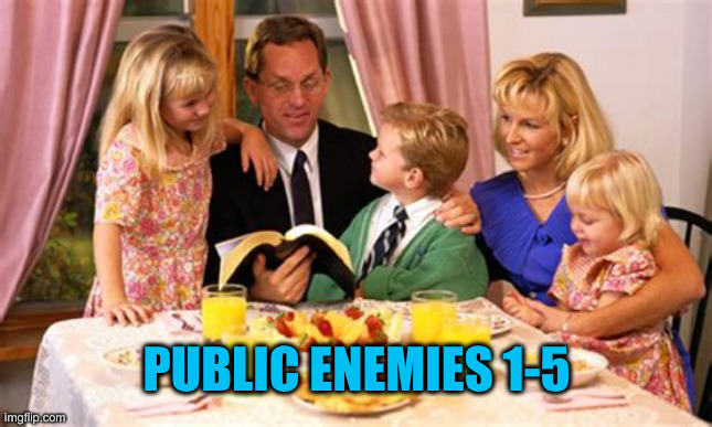 Hey, That's Us ! | PUBLIC ENEMIES 1-5 | image tagged in white family nuclear family innocent homeschool fully functionin,funny memes,memes | made w/ Imgflip meme maker