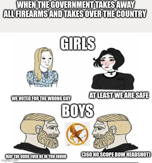 keep guns legal | WHEN THE GOVERNMENT TAKES AWAY ALL FIREARMS AND TAKES OVER THE COUNTRY; GIRLS; BOYS; AT LEAST WE ARE SAFE; WE VOTED FOR THE WRONG GUY; (360 NO SCOPE BOW HEADSHOT); MAY THE ODDS EVER BE IN YOU FAVOR | image tagged in men vs women | made w/ Imgflip meme maker