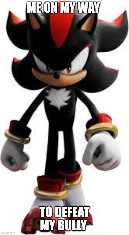 meme made by friend | ME ON MY WAY; TO DEFEAT MY BULLY | image tagged in shadow the hedgehog,shadow,sonic the hedgehog | made w/ Imgflip meme maker
