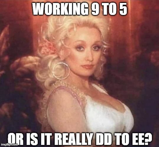 Dolly Work | WORKING 9 TO 5; OR IS IT REALLY DD TO EE? | image tagged in dolly parton | made w/ Imgflip meme maker