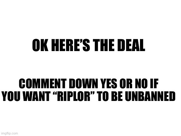 This will only be the last time I will be asking || This will go up to 3-4 hours so I can get everyone’s opinion | OK HERE’S THE DEAL; COMMENT DOWN YES OR NO IF YOU WANT “RIPPLER” TO BE UNBANNED | image tagged in riplor,yes or no | made w/ Imgflip meme maker