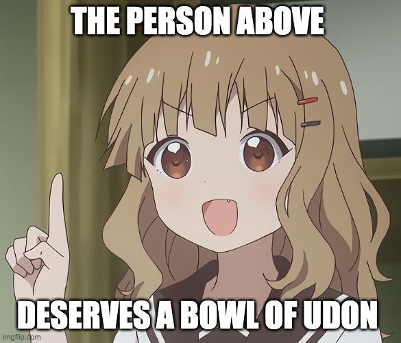 The person above me | THE PERSON ABOVE; DESERVES A BOWL OF UDON | image tagged in the person above me | made w/ Imgflip meme maker