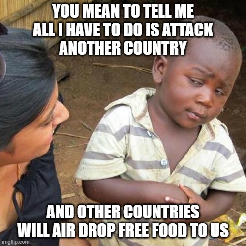 is that free food or incoming bombs? | YOU MEAN TO TELL ME
ALL I HAVE TO DO IS ATTACK
ANOTHER COUNTRY; AND OTHER COUNTRIES WILL AIR DROP FREE FOOD TO US | image tagged in memes,third world skeptical kid,israel,palestine,hamas | made w/ Imgflip meme maker