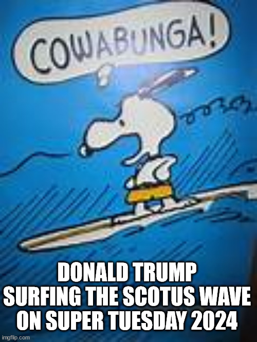 COWABUMGO, JOE! | DONALD TRUMP SURFING THE SCOTUS WAVE ON SUPER TUESDAY 2024 | image tagged in snoopy,cowabunga it is,super tuesday | made w/ Imgflip meme maker