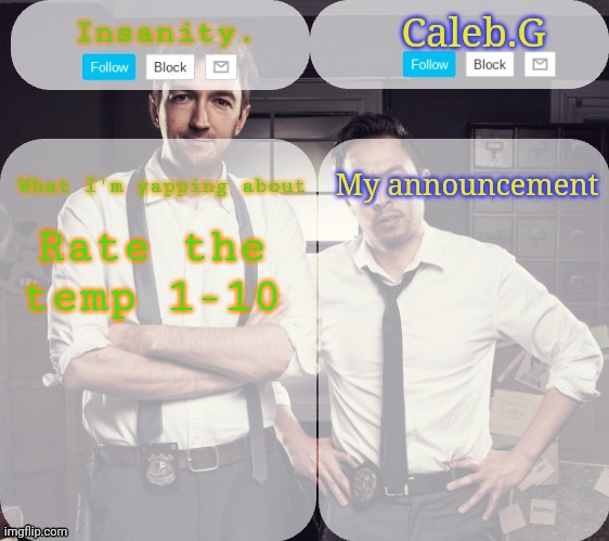 Those guys are the host of my fav TV show | Rate the temp 1-10 | image tagged in insanity and caleb announcement temp | made w/ Imgflip meme maker