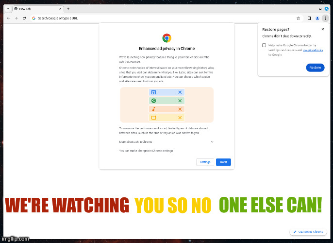 Google is Watching | ONE ELSE CAN! WE'RE WATCHING; YOU SO NO | image tagged in google | made w/ Imgflip meme maker