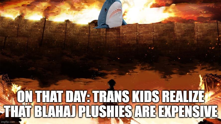 Attack on Blahaj | ON THAT DAY: TRANS KIDS REALIZE THAT BLAHAJ PLUSHIES ARE EXPENSIVE | image tagged in attack on titan,blahaj,memes,attack on titan memes | made w/ Imgflip meme maker