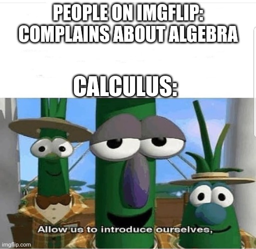 Like 1 variable eqns aren't even that hard | PEOPLE ON IMGFLIP: COMPLAINS ABOUT ALGEBRA; CALCULUS: | image tagged in allow us to introduce ourselves,math,calculus | made w/ Imgflip meme maker