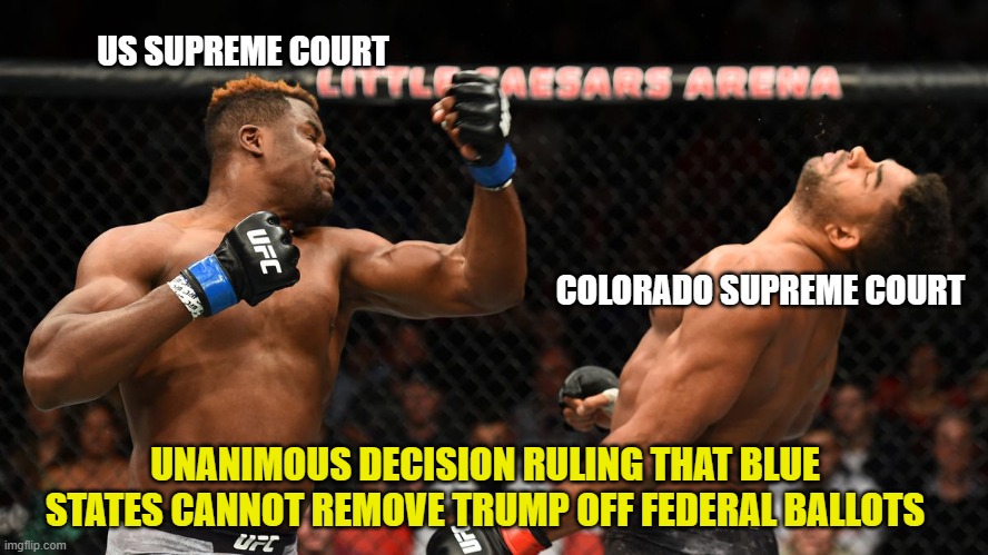 You just got knocked out! | US SUPREME COURT; COLORADO SUPREME COURT; UNANIMOUS DECISION RULING THAT BLUE STATES CANNOT REMOVE TRUMP OFF FEDERAL BALLOTS | image tagged in democrats,liberals,woke,leftists,scotus,joe biden | made w/ Imgflip meme maker