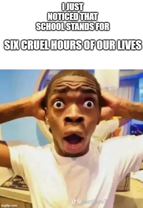 I can't unsee it now | I JUST NOTICED THAT SCHOOL STANDS FOR; SIX CRUEL HOURS OF OUR LIVES | image tagged in shocked black guy,school,relatable | made w/ Imgflip meme maker