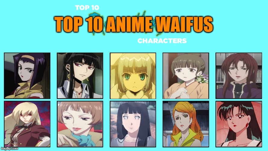 top 10 anime waifus | TOP 10 ANIME WAIFUS | image tagged in top 10 rick and morty characters,anime,waifu,anime girl,pluto | made w/ Imgflip meme maker