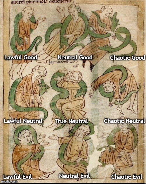 Medieval Spanish Snakes | Lawful Good; Neutral Good; Chaotic Good; Chaotic Neutral; True Neutral; Lawful Neutral; Neutral Evil; Chaotic Evil; Lawful Evil | image tagged in medieval spanish snakes - alignment | made w/ Imgflip meme maker