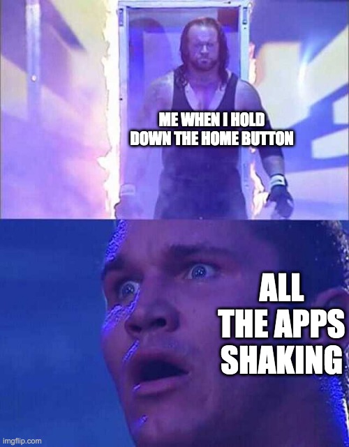 somebody gonna get deleted today. | ME WHEN I HOLD DOWN THE HOME BUTTON; ALL THE APPS SHAKING | image tagged in randy orton undertaker | made w/ Imgflip meme maker