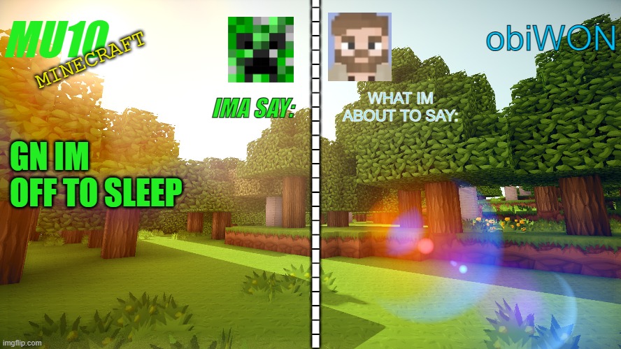 MU10 and ObiWON shared template | MINECRAFT; GN IM OFF TO SLEEP | image tagged in mu10 and obiwon shared template | made w/ Imgflip meme maker