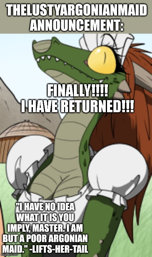 TheLustyArgonianMaid announcement template | FINALLY!!!! I HAVE RETURNED!!! | image tagged in thelustyargonianmaid announcement template | made w/ Imgflip meme maker