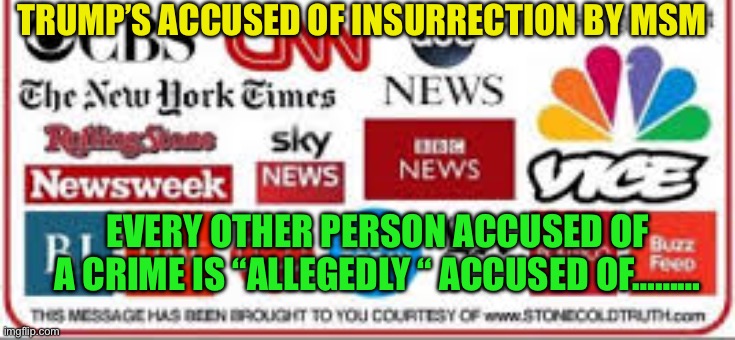 Nobody including, President Trump have convicted, or even accused of Insurrection. | TRUMP’S ACCUSED OF INSURRECTION BY MSM; EVERY OTHER PERSON ACCUSED OF A CRIME IS “ALLEGEDLY “ ACCUSED OF……… | image tagged in fake news,cnn fake news,collusion,democrats,voter fraud | made w/ Imgflip meme maker