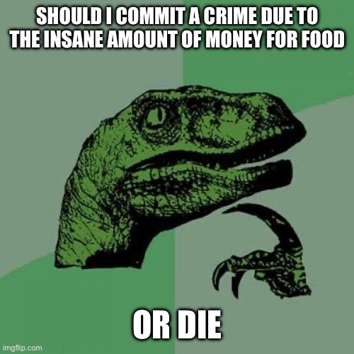 Philosoraptor | SHOULD I COMMIT A CRIME DUE TO THE INSANE AMOUNT OF MONEY FOR FOOD; OR DIE | image tagged in memes,philosoraptor | made w/ Imgflip meme maker