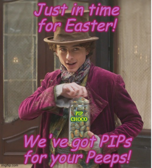 The Supervisor -- with Performance Improvement Plans  *NC 30+ humor | Just in time
for Easter! PIP
CHOCO; We've got PIPs for your Peeps! | image tagged in willy wonka 2023,work,adult humor,problems,first world problems | made w/ Imgflip meme maker