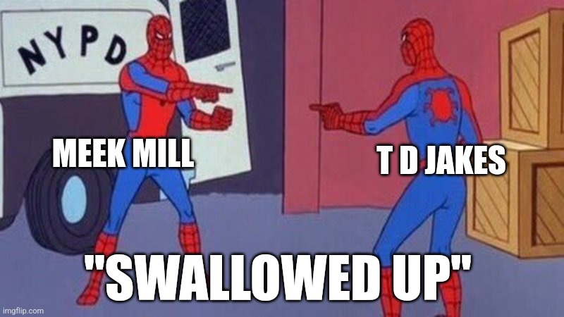 spiderman pointing at spiderman | MEEK MILL; T D JAKES; "SWALLOWED UP" | image tagged in spiderman pointing at spiderman | made w/ Imgflip meme maker