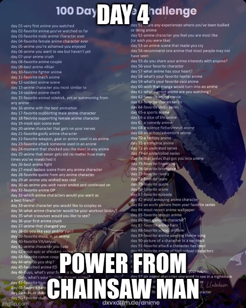 100 day anime challenge | DAY 4; POWER FROM CHAINSAW MAN | image tagged in 100 day anime challenge | made w/ Imgflip meme maker