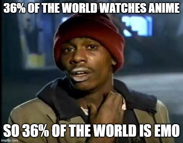 watching anime makes you emo. period. | 36% OF THE WORLD WATCHES ANIME; SO 36% OF THE WORLD IS EMO | image tagged in memes,y'all got any more of that | made w/ Imgflip meme maker