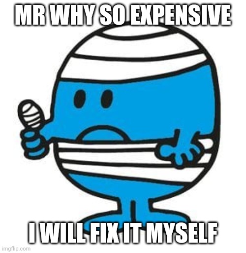 I'll do it | MR WHY SO EXPENSIVE; I WILL FIX IT MYSELF | image tagged in mr bump from mr men little miss,mr men,fix,mr bump,cheapskate,memes | made w/ Imgflip meme maker