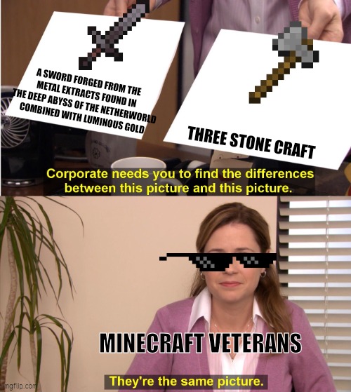Versatility of tge minecraft world | A SWORD FORGED FROM THE METAL EXTRACTS FOUND IN THE DEEP ABYSS OF THE NETHERWORLD COMBINED WITH LUMINOUS GOLD; THREE STONE CRAFT; MINECRAFT VETERANS | image tagged in memes,they're the same picture | made w/ Imgflip meme maker