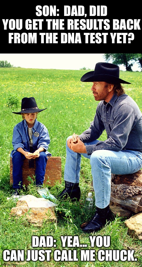 DNA Test | SON:  DAD, DID YOU GET THE RESULTS BACK FROM THE DNA TEST YET? DAD:  YEA... YOU CAN JUST CALL ME CHUCK. | image tagged in chuck norris,dna,family,dad,son,dark humor | made w/ Imgflip meme maker
