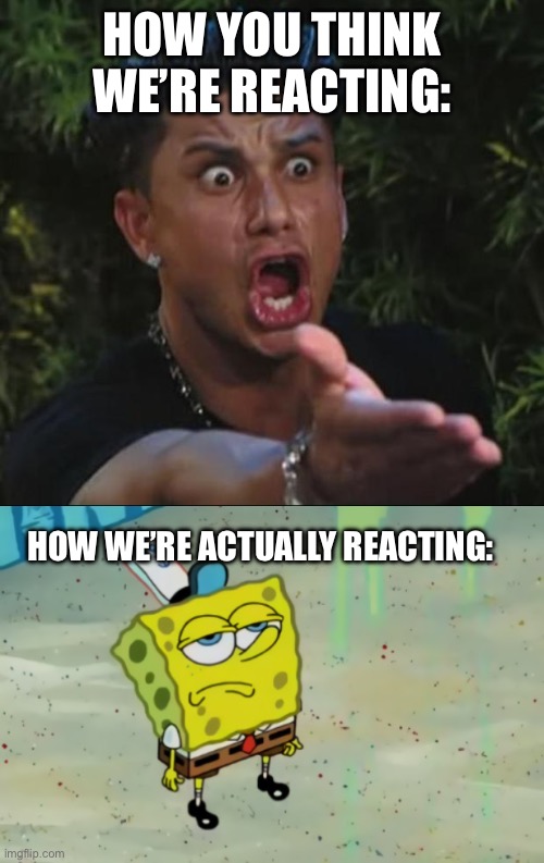 HOW YOU THINK WE’RE REACTING: HOW WE’RE ACTUALLY REACTING: | image tagged in memes,dj pauly d,spongebob not scared | made w/ Imgflip meme maker