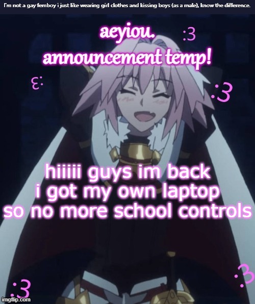 he's literally me (i don't even watch fate) | hiiiii guys im back i got my own laptop so no more school controls | image tagged in he's literally me i don't even watch fate | made w/ Imgflip meme maker