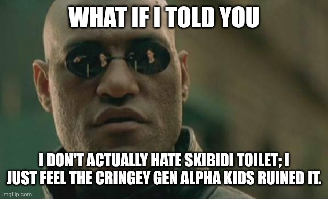How I REALLY Feel About Skibidi Toilet | WHAT IF I TOLD YOU; I DON'T ACTUALLY HATE SKIBIDI TOILET; I JUST FEEL THE CRINGEY GEN ALPHA KIDS RUINED IT. | image tagged in memes,matrix morpheus,skibidi toilet | made w/ Imgflip meme maker
