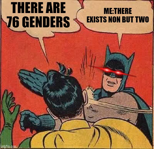 This world is detoriating by days | THERE ARE 76 GENDERS; ME:THERE EXISTS NON BUT TWO | image tagged in memes,batman slapping robin | made w/ Imgflip meme maker
