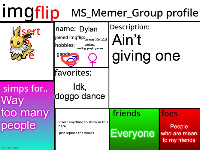 MSMG Profile | Dylan; Ain’t giving one; January 30th 2023; Walking, reading, playin games; Idk, doggo dance; Way too many people; People who are mean to my friends; Everyone | image tagged in msmg profile | made w/ Imgflip meme maker