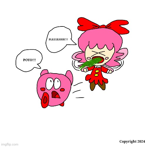 Ribbon almost vomit on Kirby (I love adding gross out humor onto my artwork) | image tagged in kirby,vomit,funny,gross,cute,parody | made w/ Imgflip meme maker
