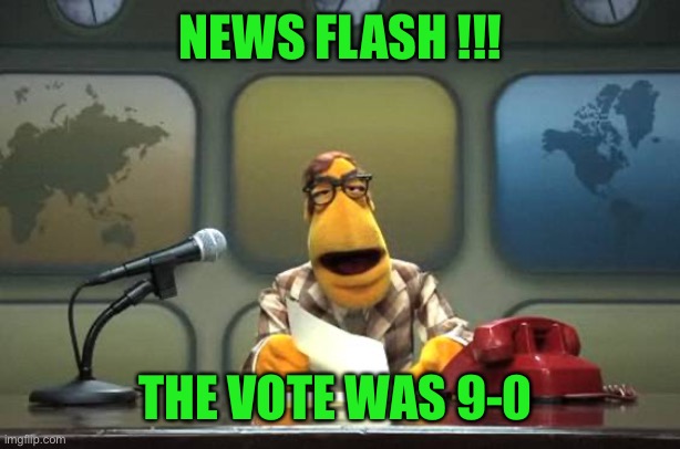 Muppet News Flash | NEWS FLASH !!! THE VOTE WAS 9-0 | image tagged in muppet news flash | made w/ Imgflip meme maker