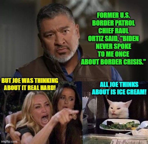 One wonders if leftists CAN go lower than Joe Biden for a sitting president. | FORMER U.S. BORDER PATROL CHIEF RAUL ORTIZ SAID, "BIDEN NEVER SPOKE TO ME ONCE ABOUT BORDER CRISIS."; BUT JOE WAS THINKING ABOUT IT REAL HARD! ALL JOE THINKS ABOUT IS ICE CREAM! | image tagged in yep | made w/ Imgflip meme maker