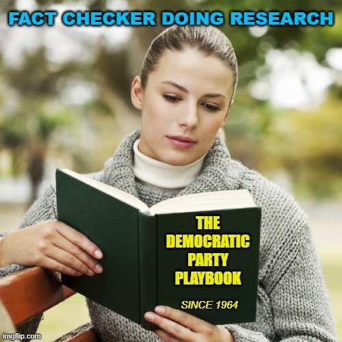 Fact Checker | FACT CHECKER DOING RESEARCH; THE
DEMOCRATIC
PARTY
PLAYBOOK; SINCE 1964 | image tagged in reading a book,fact checker | made w/ Imgflip meme maker